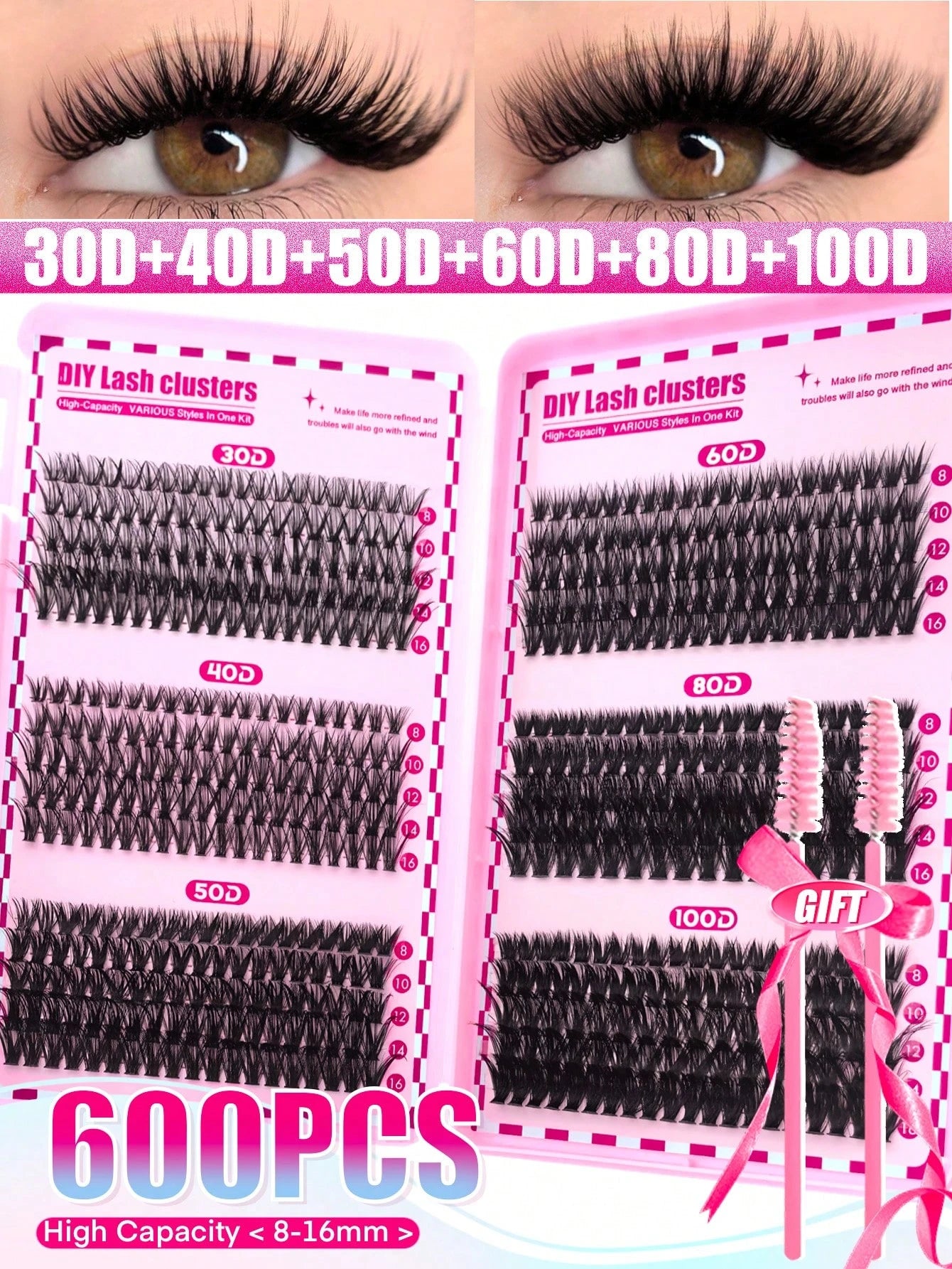 640pcs D-Curl Single Cluster False Eyelashes Large Capacity Pack 30D-50D 9-16mm DIY Lash Extension Kit Natural Style Thickened Long Ultra Soft Lightweight Reusable With Makeup Tools 2pcs Lash Brushes