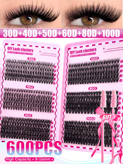 640pcs D-Curl Single Cluster False Eyelashes Large Capacity Pack 30D-50D 9-16mm DIY Lash Extension Kit Natural Style Thickened Long Ultra Soft Lightweight Reusable With Makeup Tools 2pcs Lash Brushes