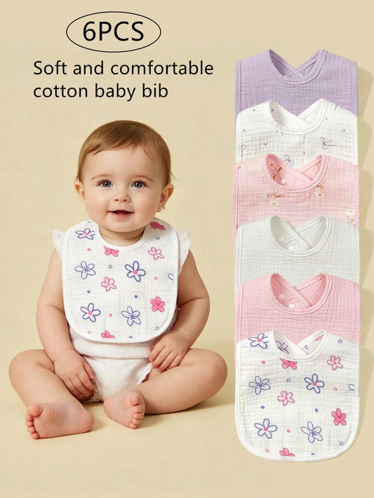 6pcs Baby Bibs, 100% Soft Cotton Muslin Material, Drool Bibs With Adjustable Snap Closure, Essential For Newborns, Boys And Girls