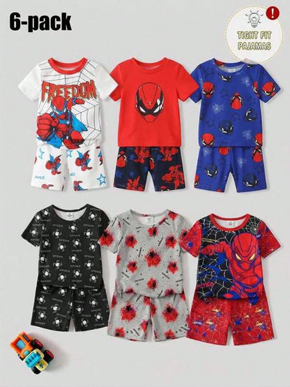 6pcs Baby Boy Tie-Dye Crew Neck White, Blue & Green Short Sleeve T-Shirt And Shorts Set, Cartoon Puppy Print, Casual Comfortable Tight-Fitting Indoor Sleepwear, Summer