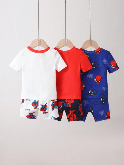 6pcs Baby Boy Tie-Dye Crew Neck White, Blue & Green Short Sleeve T-Shirt And Shorts Set, Cartoon Puppy Print, Casual Comfortable Tight-Fitting Indoor Sleepwear, Summer