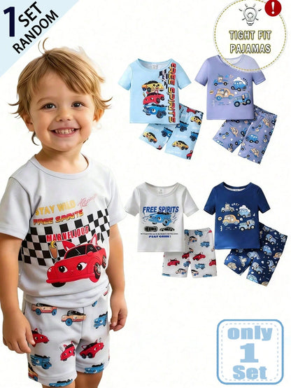 6pcs Baby Boy Tie-Dye Crew Neck White, Blue & Green Short Sleeve T-Shirt And Shorts Set, Cartoon Puppy Print, Casual Comfortable Tight-Fitting Indoor Sleepwear, Summer