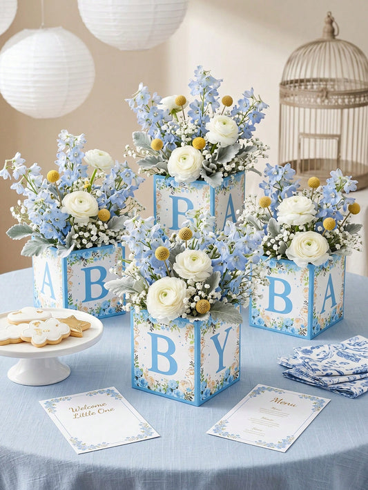 6pcs Blue Floral Baby Shower Cube Flower Boxes, BABY Alphabet Blocks,Baby Shower,1st Birthday Party,Gender Reveal,Desktop Decor,Table Centerpiece