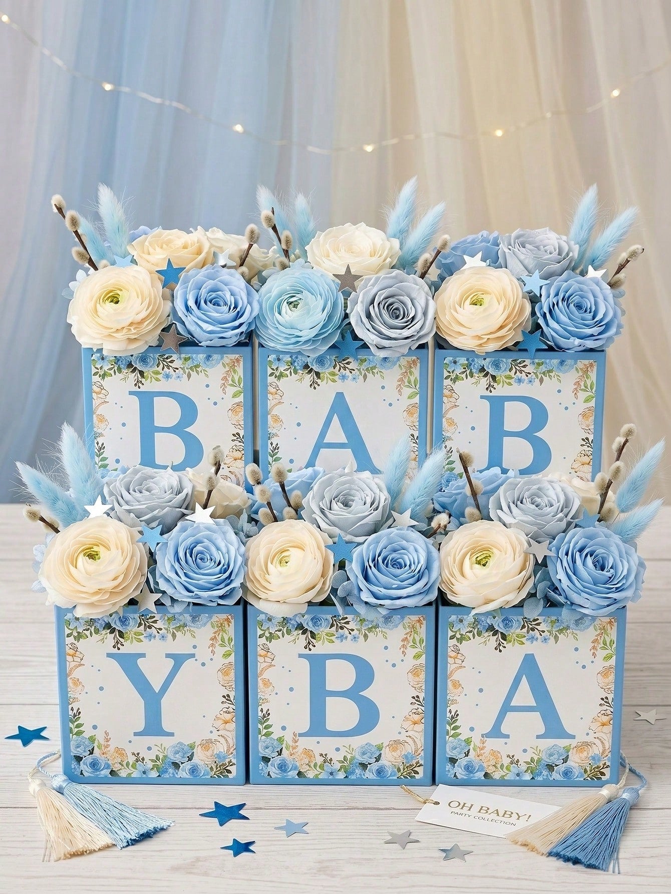 6pcs Blue Floral Baby Shower Cube Flower Boxes, BABY Alphabet Blocks,Baby Shower,1st Birthday Party,Gender Reveal,Desktop Decor,Table Centerpiece