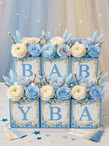 6pcs Blue Floral Baby Shower Cube Flower Boxes, BABY Alphabet Blocks,Baby Shower,1st Birthday Party,Gender Reveal,Desktop Decor,Table Centerpiece