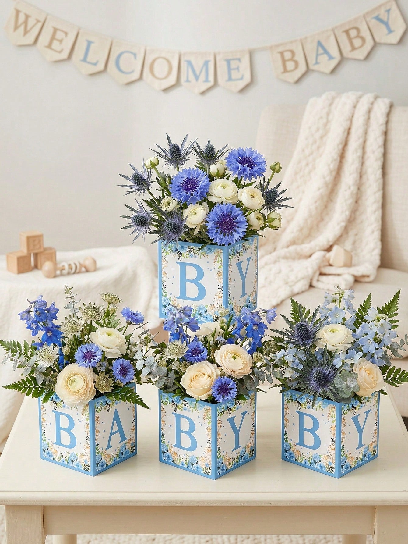 6pcs Blue Floral Baby Shower Cube Flower Boxes, BABY Alphabet Blocks,Baby Shower,1st Birthday Party,Gender Reveal,Desktop Decor,Table Centerpiece