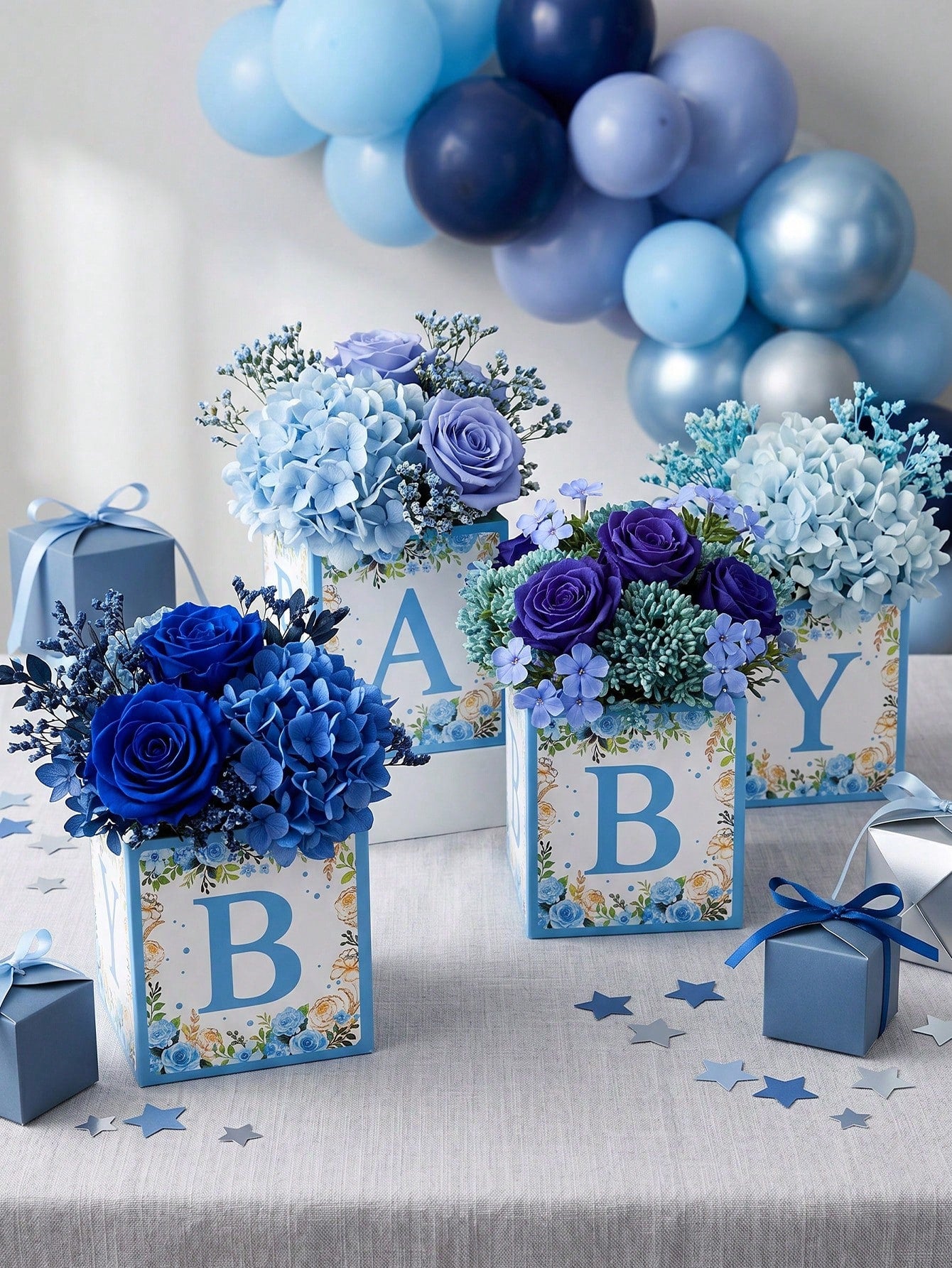 6pcs Blue Floral Baby Shower Cube Flower Boxes, BABY Alphabet Blocks,Baby Shower,1st Birthday Party,Gender Reveal,Desktop Decor,Table Centerpiece