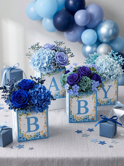 6pcs Blue Floral Baby Shower Cube Flower Boxes, BABY Alphabet Blocks,Baby Shower,1st Birthday Party,Gender Reveal,Desktop Decor,Table Centerpiece