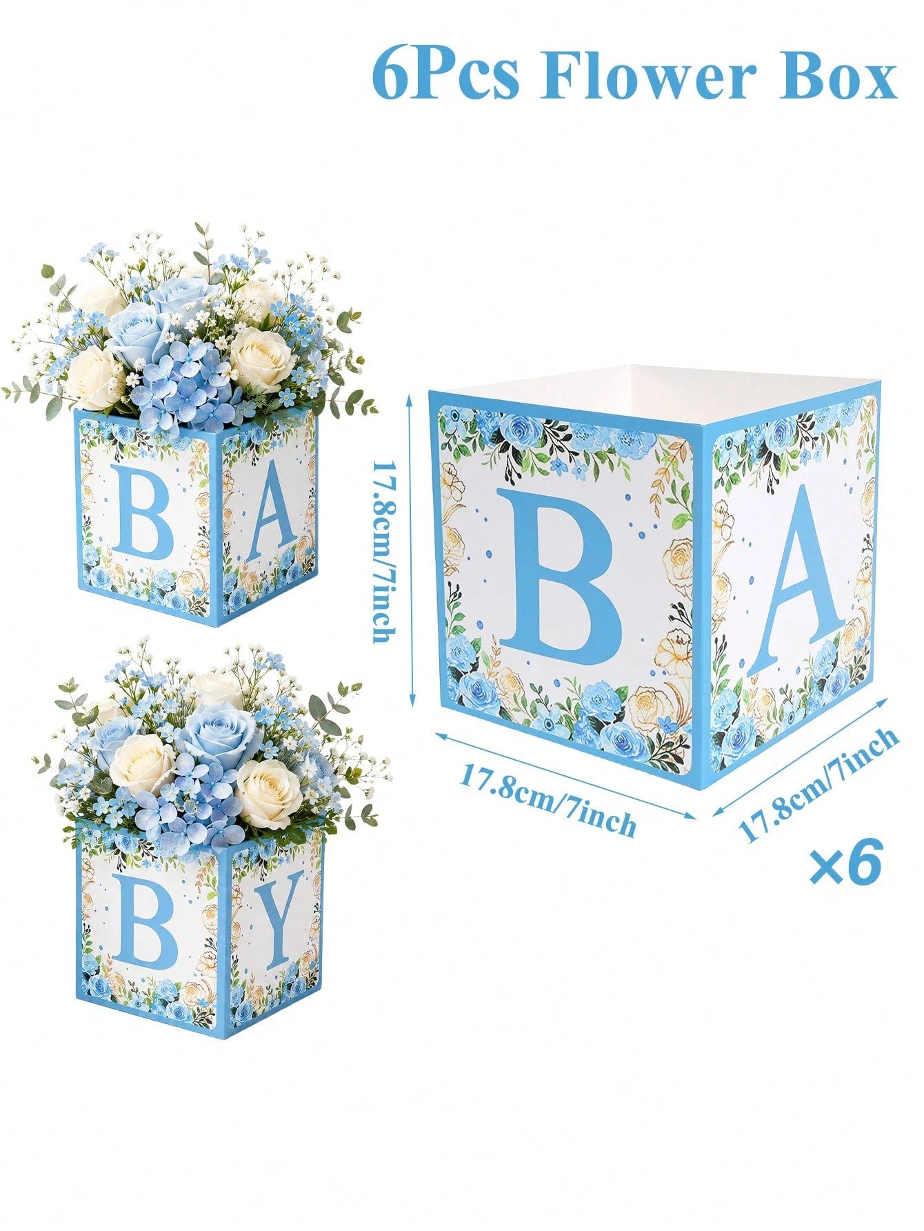 6pcs Blue Floral Baby Shower Cube Flower Boxes, BABY Alphabet Blocks,Baby Shower,1st Birthday Party,Gender Reveal,Desktop Decor,Table Centerpiece