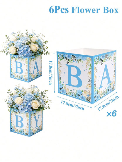 6pcs Blue Floral Baby Shower Cube Flower Boxes, BABY Alphabet Blocks,Baby Shower,1st Birthday Party,Gender Reveal,Desktop Decor,Table Centerpiece
