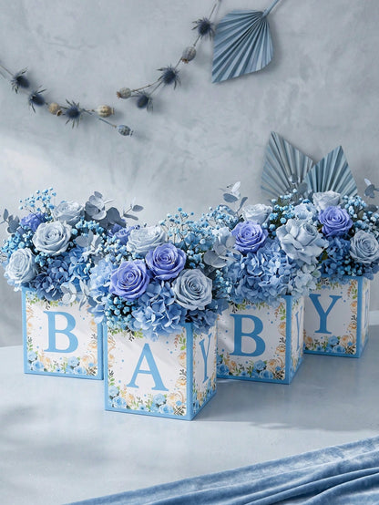 6pcs Blue Floral Baby Shower Cube Flower Boxes, BABY Alphabet Blocks,Baby Shower,1st Birthday Party,Gender Reveal,Desktop Decor,Table Centerpiece
