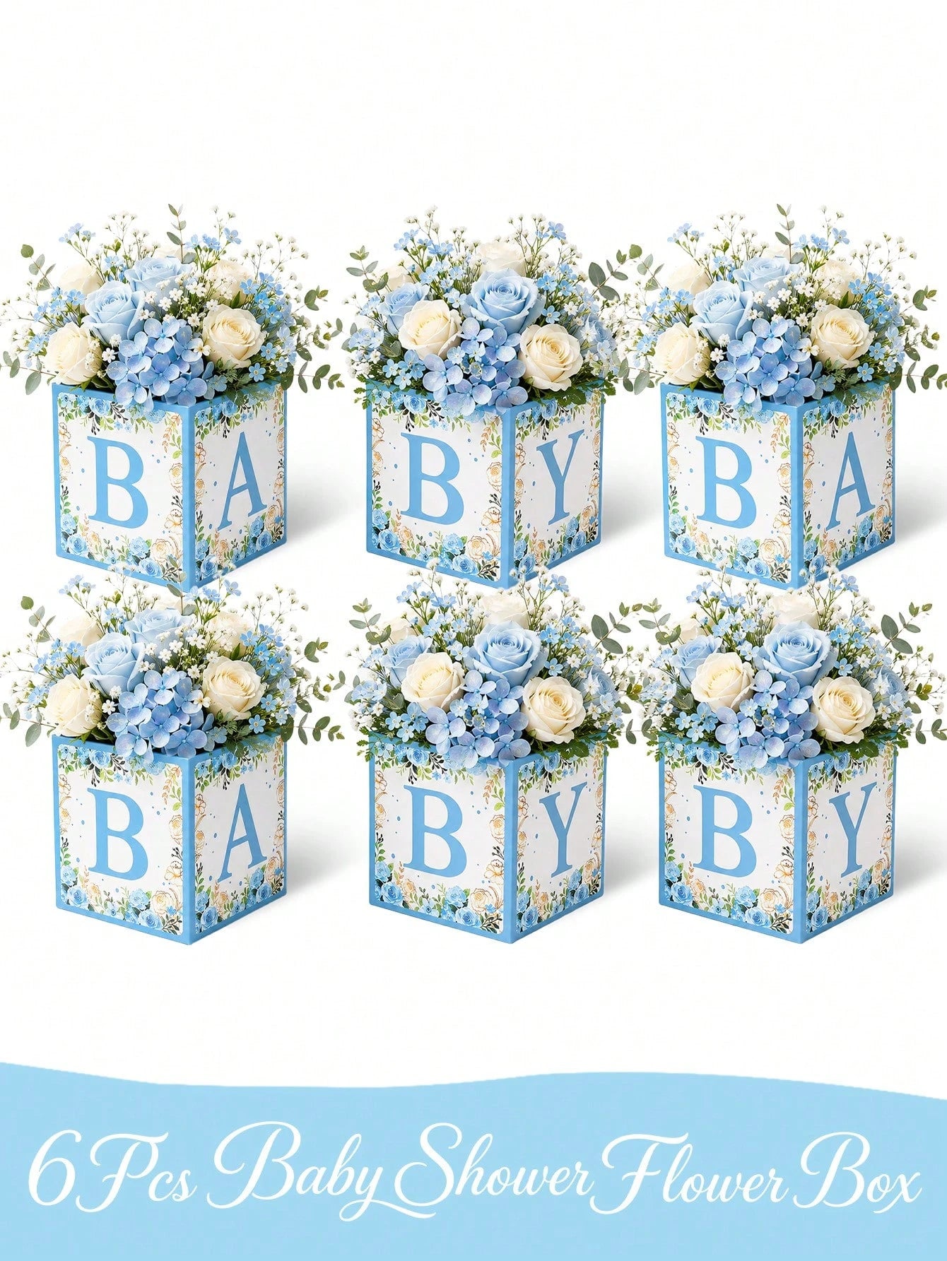 6pcs Blue Floral Baby Shower Cube Flower Boxes, BABY Alphabet Blocks,Baby Shower,1st Birthday Party,Gender Reveal,Desktop Decor,Table Centerpiece