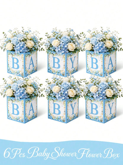 6pcs Blue Floral Baby Shower Cube Flower Boxes, BABY Alphabet Blocks,Baby Shower,1st Birthday Party,Gender Reveal,Desktop Decor,Table Centerpiece
