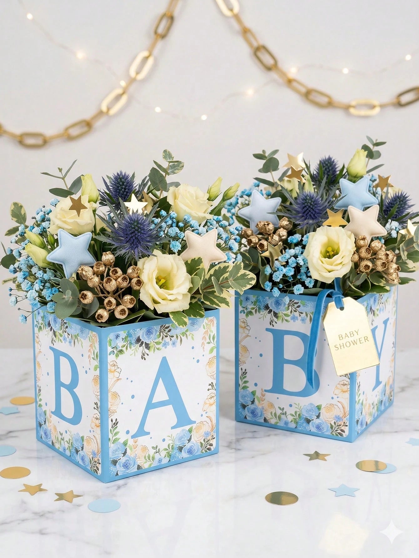 6pcs Blue Floral Baby Shower Cube Flower Boxes, BABY Alphabet Blocks,Baby Shower,1st Birthday Party,Gender Reveal,Desktop Decor,Table Centerpiece