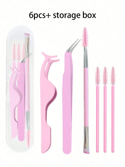 6pcs Eyelash Tool Kit: Eyelash Tweezers, Eyelash Brush, With Storage Box- Pointed & Angled Tweezers, Eyelash Applicator, Eyelash Brush, For Extending And Shaping Lashes
