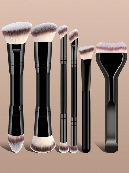 6pcs Professional Makeup Brush Set, Portable Travel Makeup Brushes, Dual-Ended Multi-Function Makeup Tools Kit Including Foundation Brush, Powder Brush, Blush Brush, Concealer Brush, Contour Brush, No