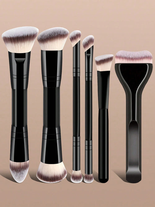 6pcs Professional Makeup Brush Set, Portable Travel Makeup Brushes, Dual-Ended Multi-Function Makeup Tools Kit Including Foundation Brush, Powder Brush, Blush Brush, Concealer Brush, Contour Brush, No