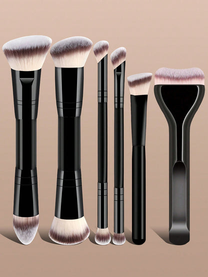 6pcs Professional Makeup Brush Set, Portable Travel Makeup Brushes, Dual-Ended Multi-Function Makeup Tools Kit Including Foundation Brush, Powder Brush, Blush Brush, Concealer Brush, Contour Brush, No