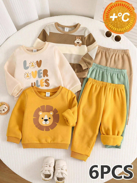6pcs/Set Baby Boy Autumn/Winter Cute Knitted Cartoon Print Long Sleeve Sweatshirt & Pants Set, Basic Sweatshirt Set, Lion Set, Striped Set