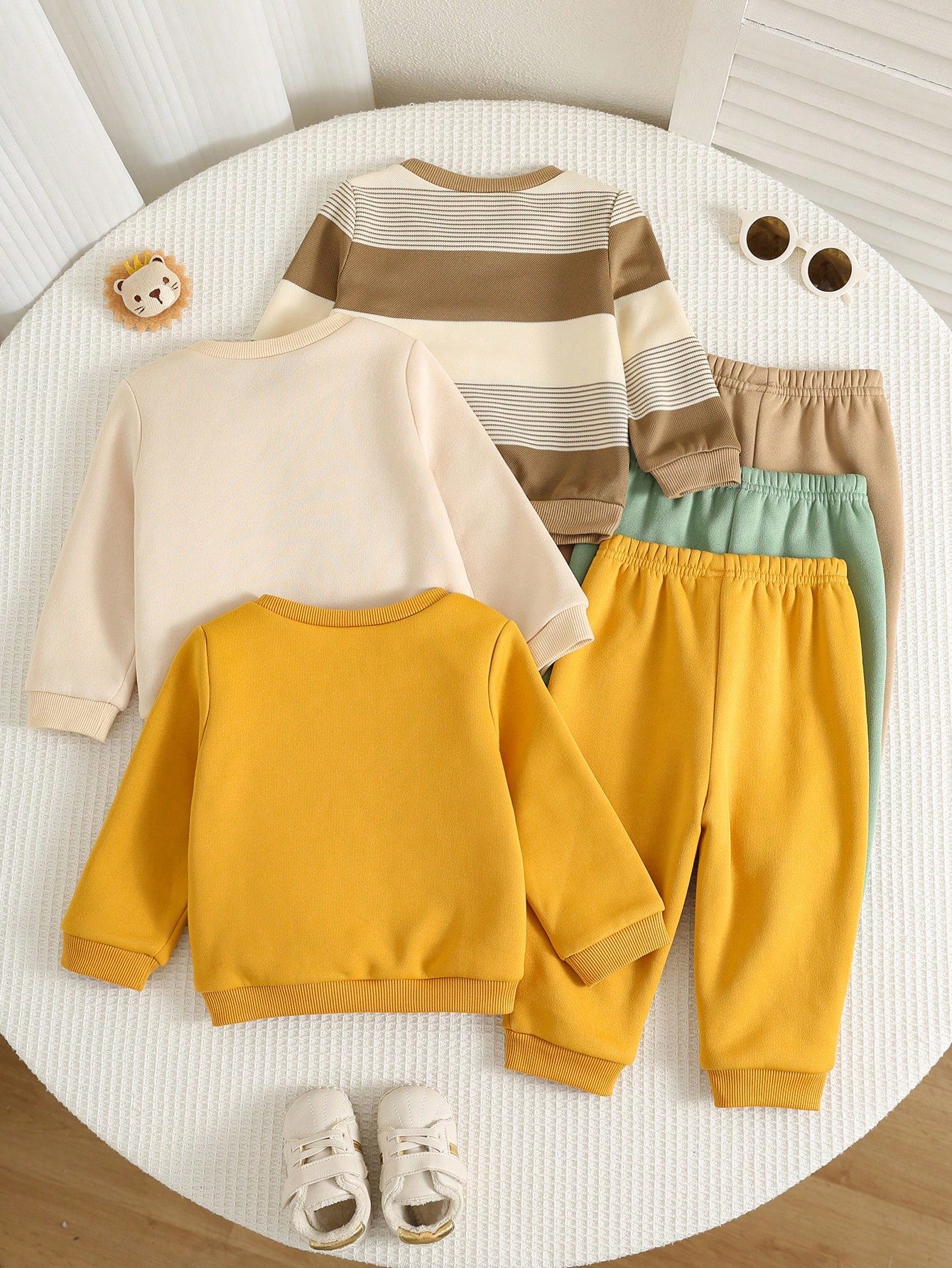 6pcs/Set Baby Boy Autumn/Winter Cute Knitted Cartoon Print Long Sleeve Sweatshirt & Pants Set, Basic Sweatshirt Set, Lion Set, Striped Set