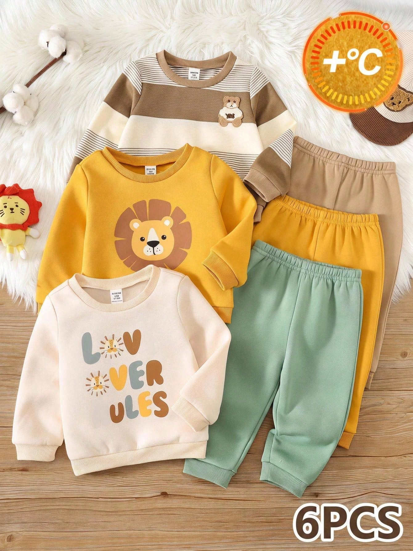 6pcs/Set Baby Boy Autumn/Winter Cute Knitted Cartoon Print Long Sleeve Sweatshirt & Pants Set, Basic Sweatshirt Set, Lion Set, Striped Set