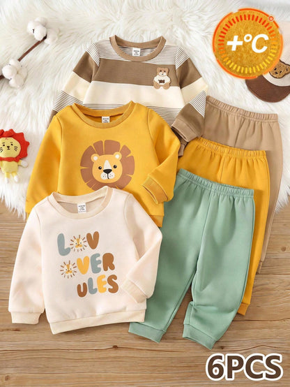 6pcs/Set Baby Boy Autumn/Winter Cute Knitted Cartoon Print Long Sleeve Sweatshirt & Pants Set, Basic Sweatshirt Set, Lion Set, Striped Set