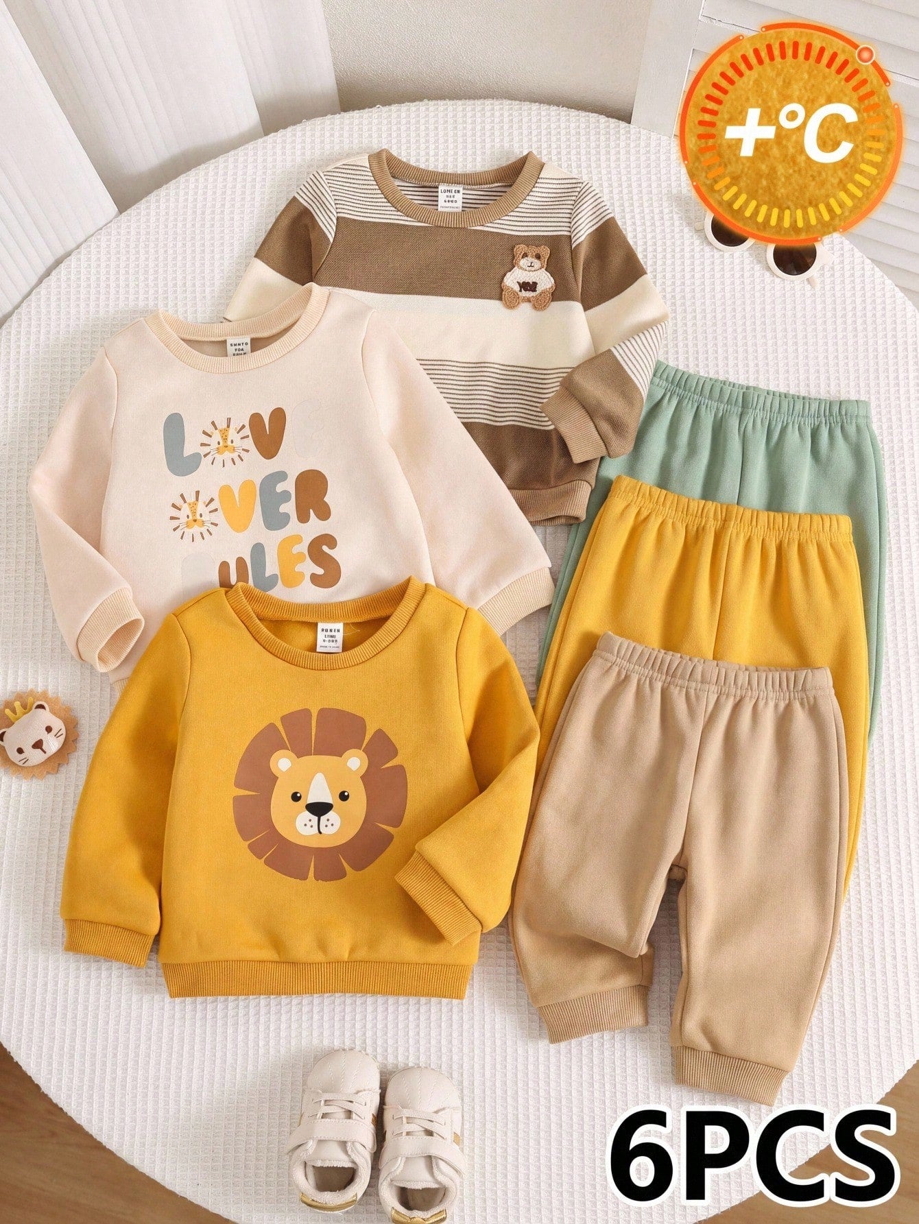 6pcs/Set Baby Boy Autumn/Winter Cute Knitted Cartoon Print Long Sleeve Sweatshirt & Pants Set, Basic Sweatshirt Set, Lion Set, Striped Set