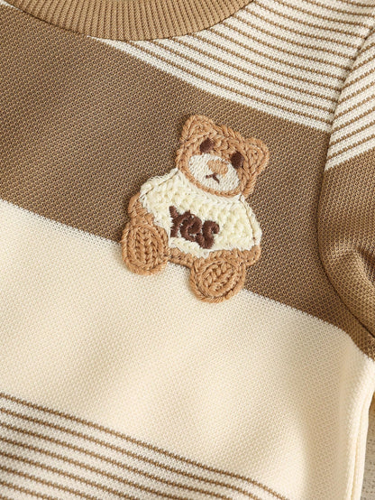 6pcs/Set Baby Boy Autumn/Winter Cute Knitted Cartoon Print Long Sleeve Sweatshirt & Pants Set, Basic Sweatshirt Set, Lion Set, Striped Set
