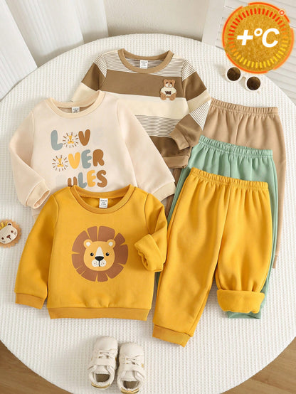 6pcs/Set Baby Boy Autumn/Winter Cute Knitted Cartoon Print Long Sleeve Sweatshirt & Pants Set, Basic Sweatshirt Set, Lion Set, Striped Set