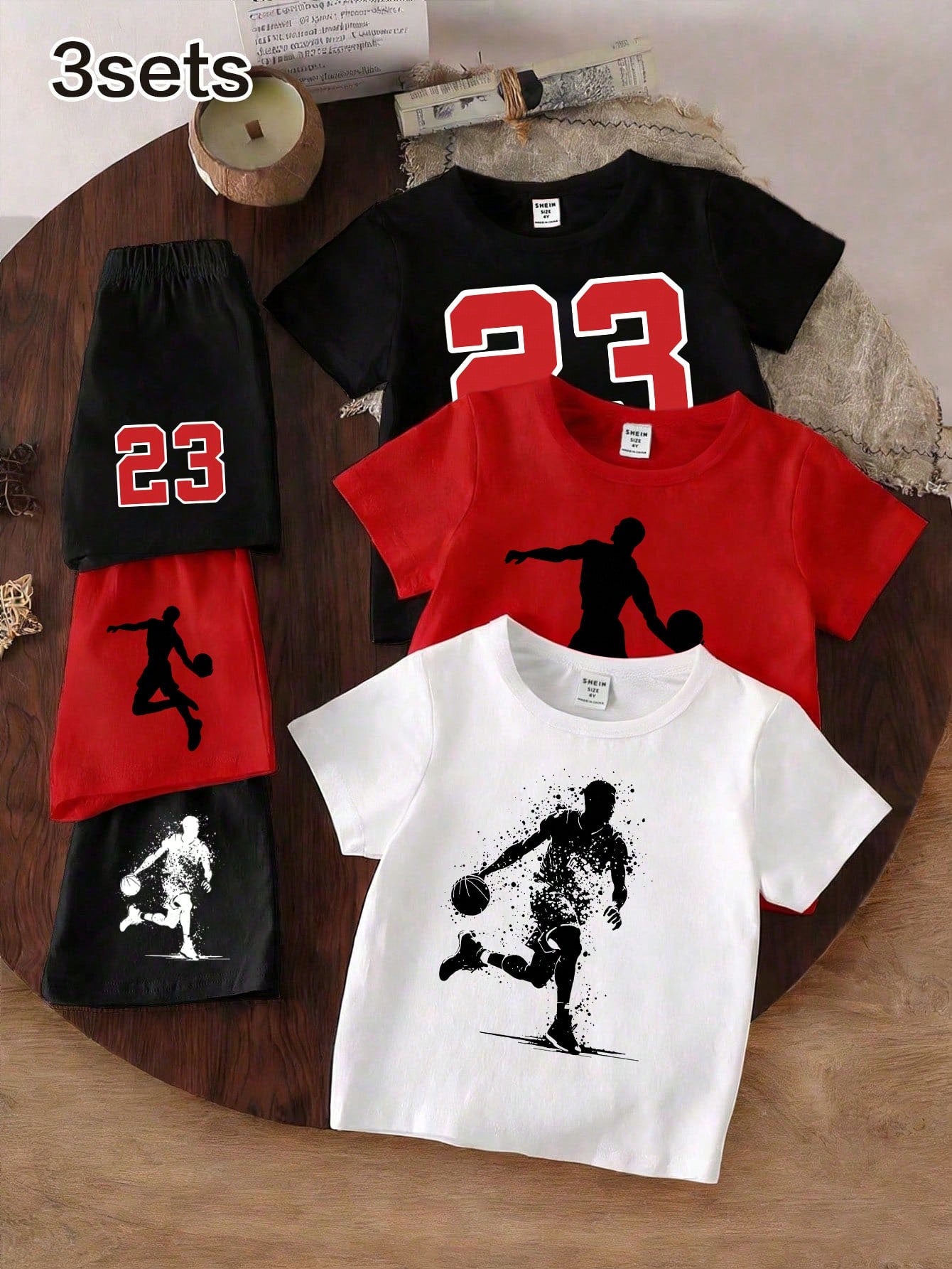 6pcs/Set Baby Boys Black And Red Basketball Player Silhouette Graphic T-Shirt Shorts Outfit, Summer, Casual Modest, Back-To-School Digital 23 Wear