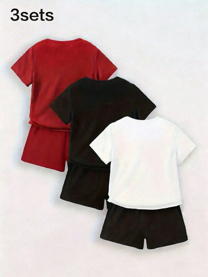6pcs/Set Baby Boys Black And Red Basketball Player Silhouette Graphic T-Shirt Shorts Outfit, Summer, Casual Modest, Back-To-School Digital 23 Wear