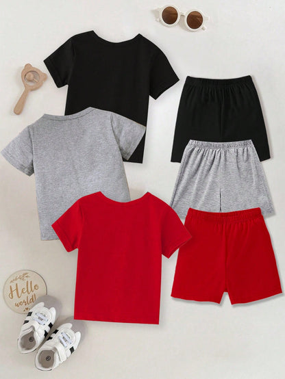 6pcs/Set Baby Boys Black And Red Basketball Player Silhouette Graphic T-Shirt Shorts Outfit, Summer, Casual Modest, Back-To-School Digital 23 Wear