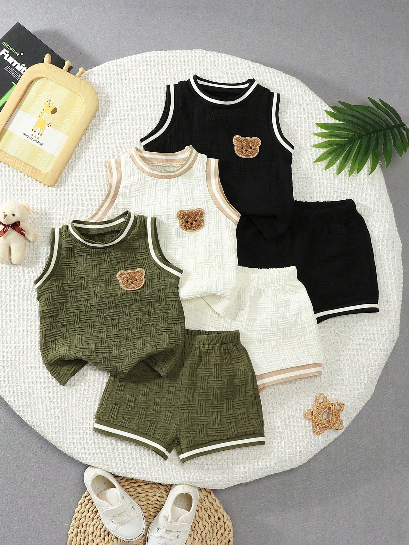 6pcs/Set Baby Boys' Summer Textured Fabric Cute Bear Print Round Neck Vest And Shorts Casual Fashion Outfit