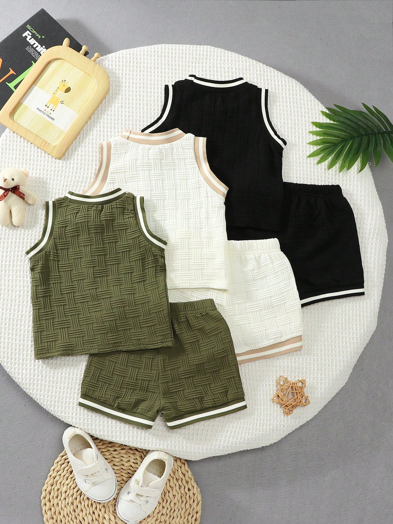 6pcs/Set Baby Boys' Summer Textured Fabric Cute Bear Print Round Neck Vest And Shorts Casual Fashion Outfit