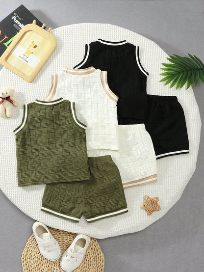 6pcs/Set Baby Boys' Summer Textured Fabric Cute Bear Print Round Neck Vest And Shorts Casual Fashion Outfit