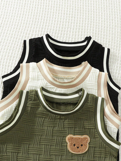 6pcs/Set Baby Boys' Summer Textured Fabric Cute Bear Print Round Neck Vest And Shorts Casual Fashion Outfit