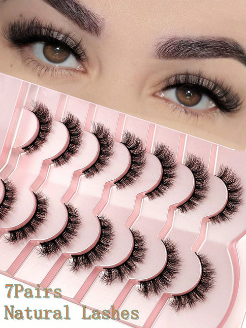 7 Pairs Russian Classic Cat Eye Faux Mink False Eyelashes, Natural D Curl Fluffy Eyelash Extensions