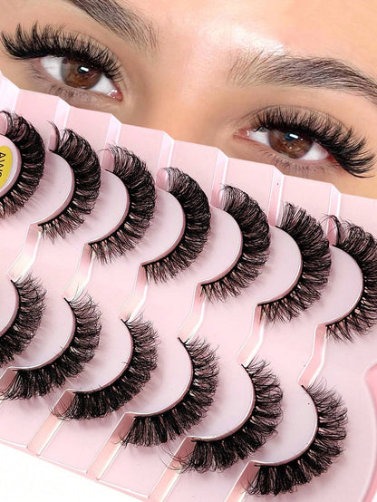7 Pairs Russian Classic Cat Eye Faux Mink False Eyelashes, Natural D Curl Fluffy Eyelash Extensions