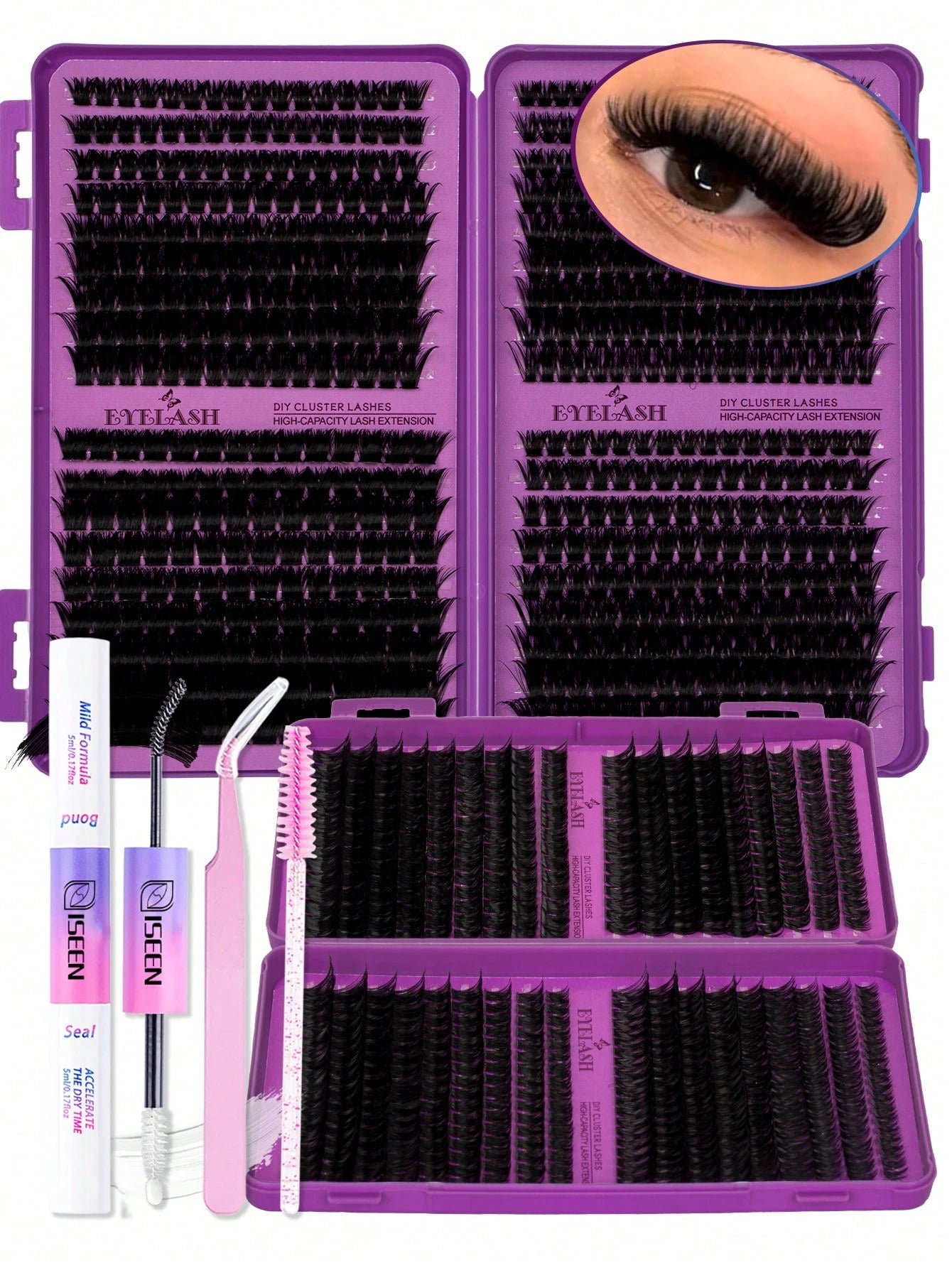 720pcs, 684pcs, 594pcs, D Curl, Lash Extension Kit DIY, 30D,40D,50D, 60D, 80D, 100D, 120D,150D Lash Clusters Eyelash Extension Kit, With Lash Bond And Seal, Lash Applicator Brush And Tweezers Tool, Su