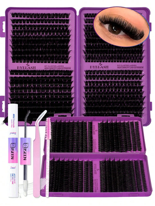 720pcs, 684pcs, 594pcs, D Curl, Lash Extension Kit DIY, 30D,40D,50D, 60D, 80D, 100D, 120D,150D Lash Clusters Eyelash Extension Kit, With Lash Bond And Seal, Lash Applicator Brush And Tweezers Tool, Su