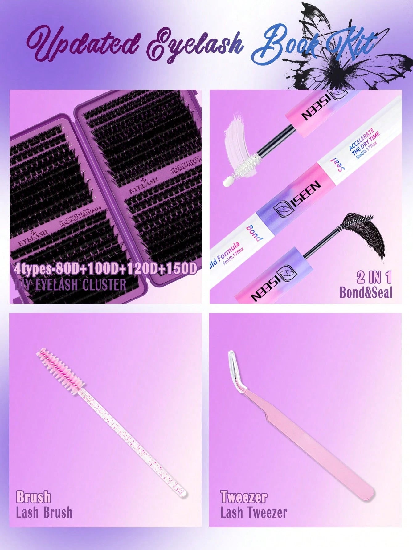 720pcs, 684pcs, 594pcs, D Curl, Lash Extension Kit DIY, 30D,40D,50D, 60D, 80D, 100D, 120D,150D Lash Clusters Eyelash Extension Kit, With Lash Bond And Seal, Lash Applicator Brush And Tweezers Tool, Su
