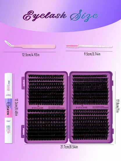 720pcs, 684pcs, 594pcs, D Curl, Lash Extension Kit DIY, 30D,40D,50D, 60D, 80D, 100D, 120D,150D Lash Clusters Eyelash Extension Kit, With Lash Bond And Seal, Lash Applicator Brush And Tweezers Tool, Su
