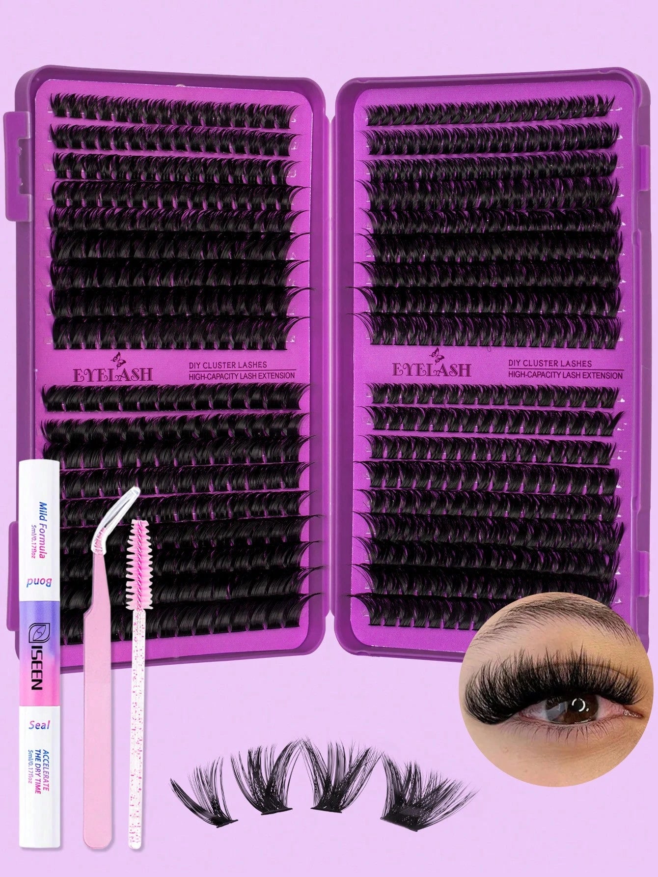 720pcs, 684pcs, 594pcs, D Curl, Lash Extension Kit DIY, 30D,40D,50D, 60D, 80D, 100D, 120D,150D Lash Clusters Eyelash Extension Kit, With Lash Bond And Seal, Lash Applicator Brush And Tweezers Tool, Su