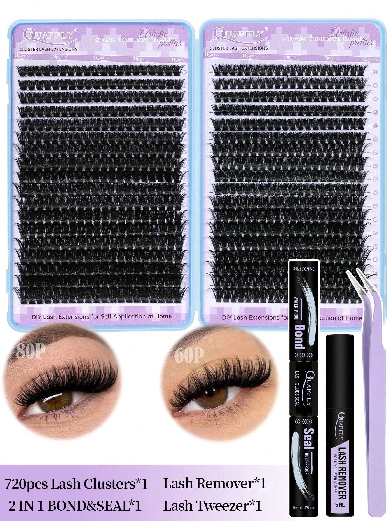 720pcs D-Curl Lash Clusters, Lash Clusters Kit,Natural Lash Kit With Lash Bond And Seal,Remover,Applicator,Cluster Eyelash Kit,Eyelash Clusters,60D+80D,9-17MM-0.07D,DIY At Home
