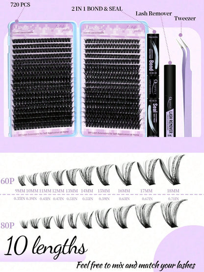720pcs D-Curl Lash Clusters, Lash Clusters Kit,Natural Lash Kit With Lash Bond And Seal,Remover,Applicator,Cluster Eyelash Kit,Eyelash Clusters,60D+80D,9-17MM-0.07D,DIY At Home