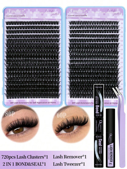 720pcs D-Curl Lash Clusters, Lash Clusters Kit,Natural Lash Kit With Lash Bond And Seal,Remover,Applicator,Cluster Eyelash Kit,Eyelash Clusters,60D+80D,9-17MM-0.07D,DIY At Home