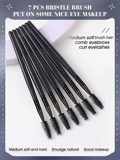 7pcs Black Stick-Shaped Eye Mascara Brush Set, Suitable For Eyebrow And Eyelash Growth, Reusable, Includes Eyebrow Brush, Eyeshadow Brush, Spiral Brush, Etc.