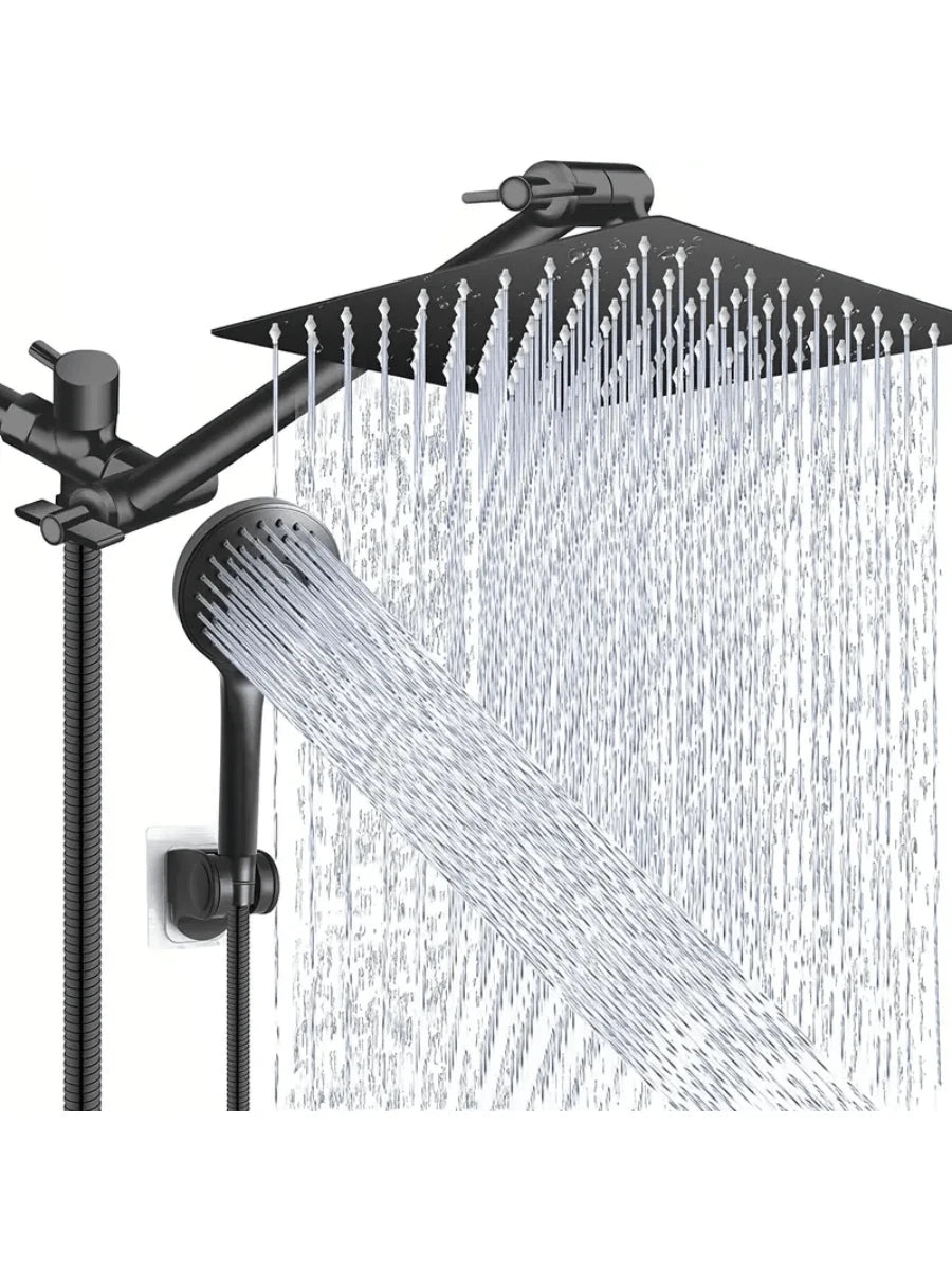 8-Inch High Pressure Rain Shower Head/Handheld Shower Combo With 11-Inch Extension Arm, 5 Adjustable Anti-Leak Shower Heads, Bracket/Hose Included, Height/Angle Adjustable (Black), Home Bathroom Decor