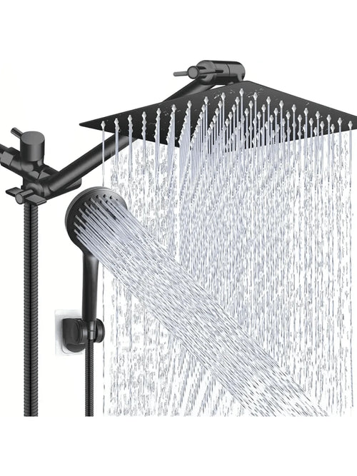 8-Inch High Pressure Rain Shower Head/Handheld Shower Combo With 11-Inch Extension Arm, 5 Adjustable Anti-Leak Shower Heads, Bracket/Hose Included, Height/Angle Adjustable (Black), Home Bathroom Decor