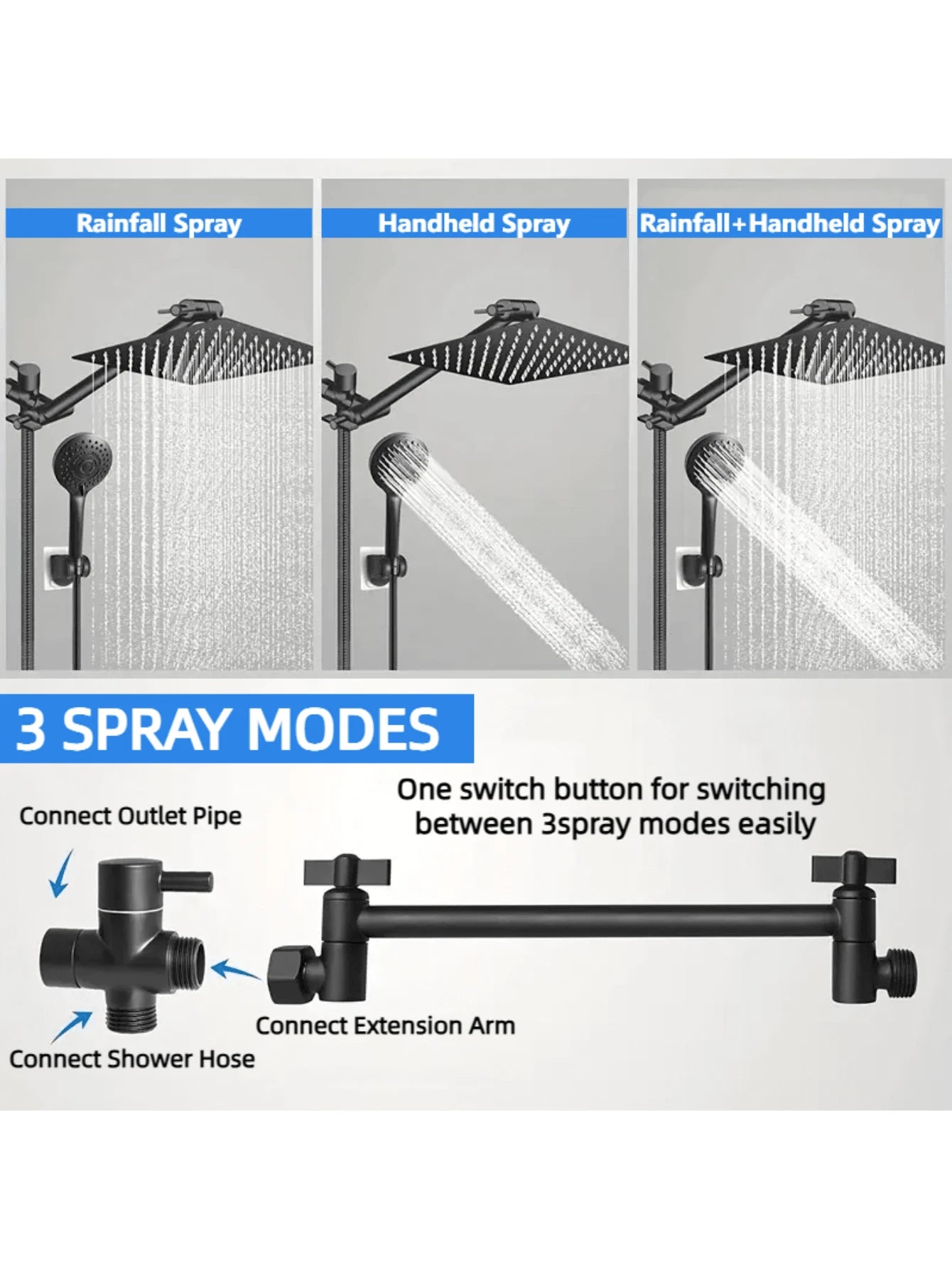 8-Inch High Pressure Rain Shower Head/Handheld Shower Combo With 11-Inch Extension Arm, 5 Adjustable Anti-Leak Shower Heads, Bracket/Hose Included, Height/Angle Adjustable (Black), Home Bathroom Decor